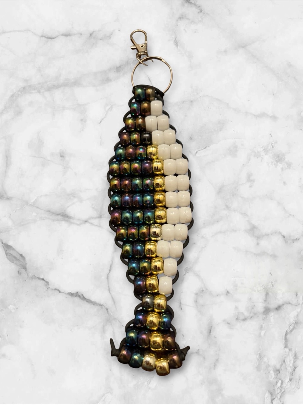 Beaded Keychain Charm in Iridescent, Gold & Cream
